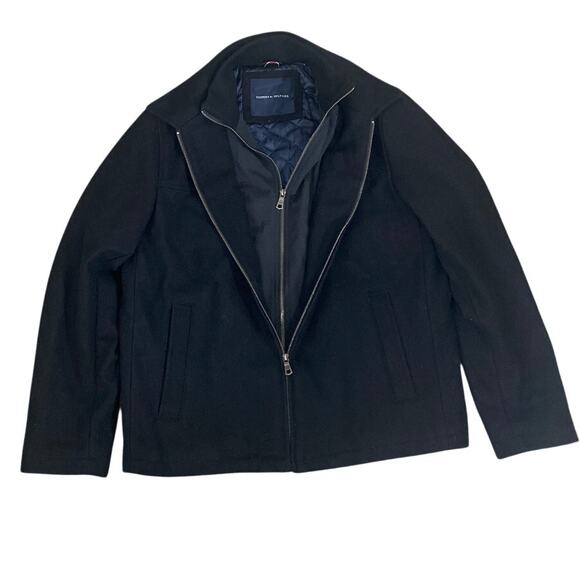 Tommy Hilfiger Double Zip Black Wool blend Medium Overcoat bomber - Picture 1 of 8